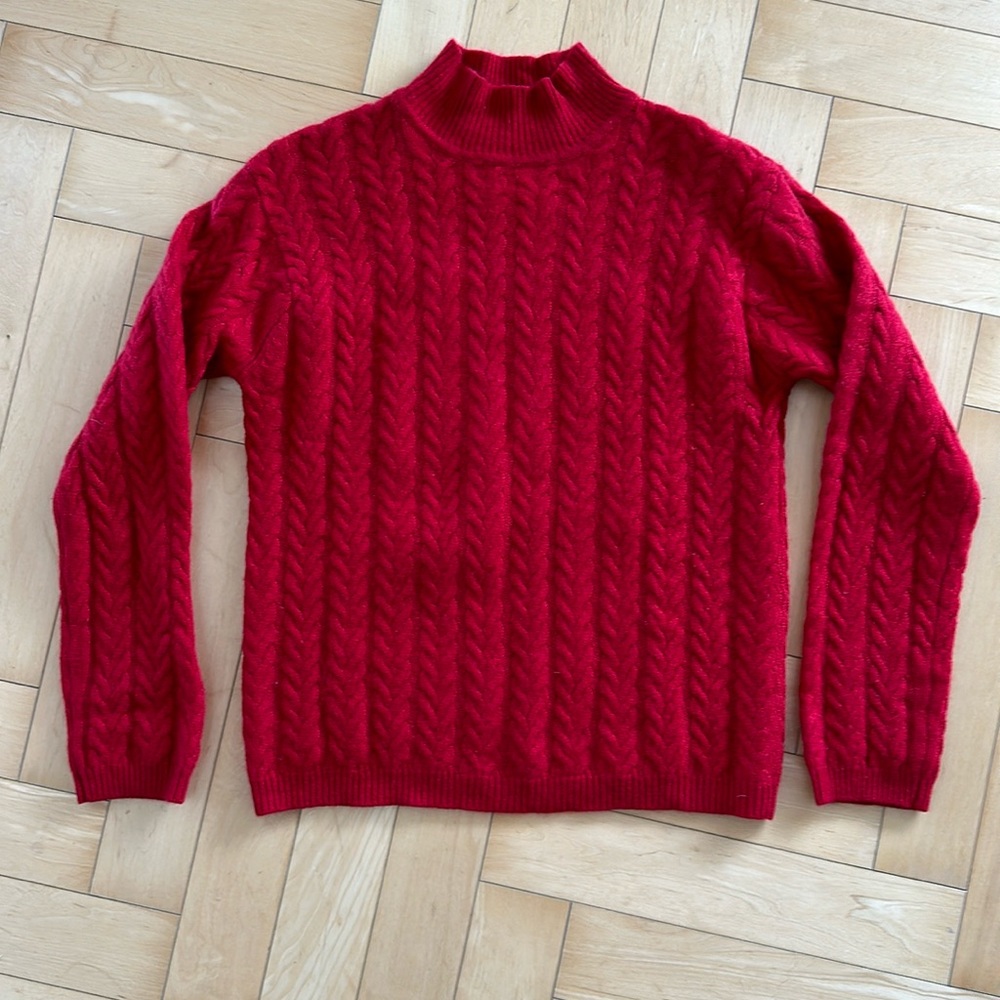 Red Two Ply Cashmere Sweater Cable Knit Small Valerie Stevens Mock Turtleneck